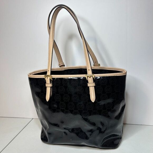 Michael Kors Black Tan Patent Leather Monogram Tote Shoulder Bag Womens Designer - Picture 4 of 11